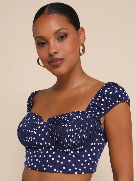 Lulus Tops - Lulus NWT Navy Polka Dot Pleated Bustier Crop Top Puff Sleeve L